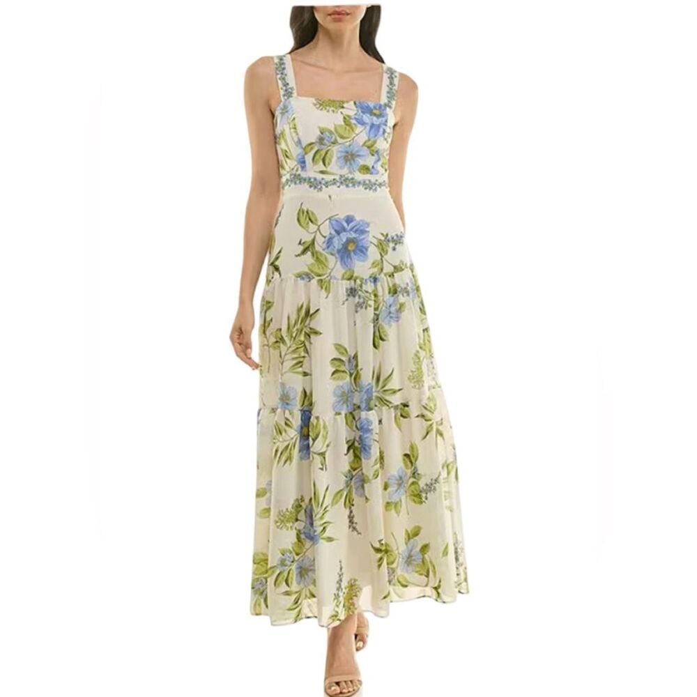 Moda Tara Sleeveless Square-Neck Floral Maxi Dress in Cream, Green and Blue